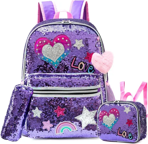 Vista 19 de Mochila para niñas de 16 pulgadas, mochilas para niñas para la escuela, mochila de lentejuelas con lonchera para estudiantes de primaria
