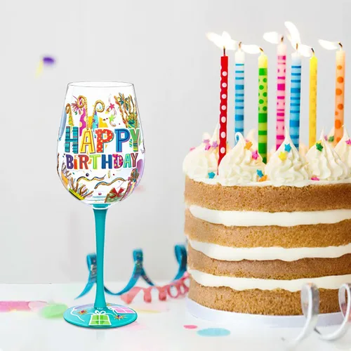 Vista 8 de NymphFable Happy Birthday - Copa de vino pintada a mano para mujer, 15 onzas Gift-Boxed for Birthday Celebrations, Hand-Blown Goblet