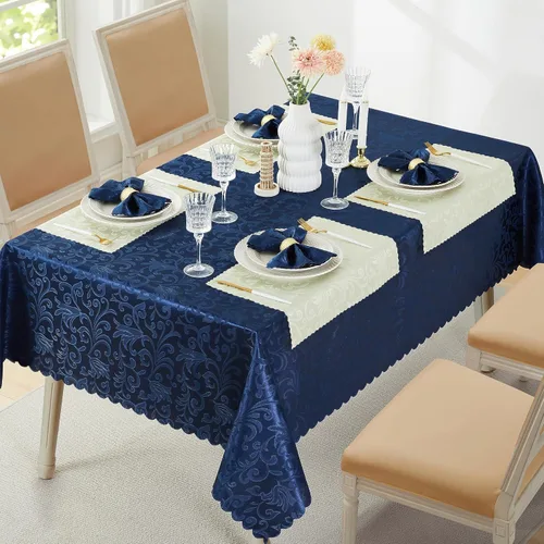 Vista 8 de 4 Piezas de Servilletas de Damascene de Onda Enrollada de Jacquard de Satén Azul Profundo del Mar, Servilletas de Tela de 17 x 17 Pulgadas Azul Deep