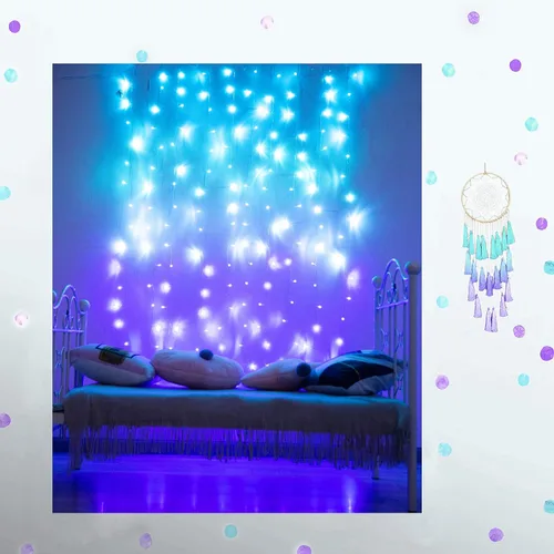 Vista 3 de Luces de cortina para recámara, cortinas iluminadas de pared, luces de cadena LED, luces de hadas colgantes en turquesa, teja azul, lavanda, lila