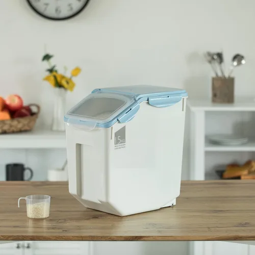 Vista 3 de Basicwise QI004138L.2 - Juego de 2 recipientes de plástico blanco para almacenar alimentos, con una taza medidora y ruedas, grande