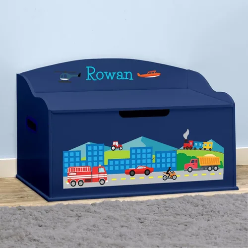 Vista 5 de DIBSIES Caja de juguetes personalizada Creative Wonders, automóviles, camiones, aviones y trenes, 30 x 19.25 x 18 pulgadas, tapa de cierre suave Azul