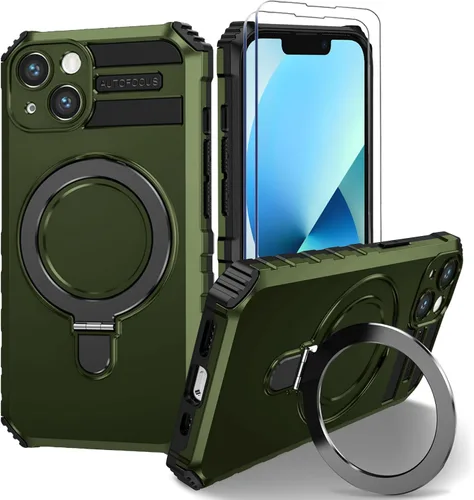 Vista 20 de Funda magnética para iPhone 11 [compatible con MagSafe] con 2 protectores de pantalla de vidrio templado con soporte de anillo, grado militar Azul