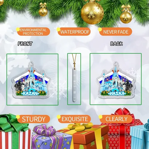 Vista 3 de Adorno navideño de Rusia Kazán, acrílico transparente, decoración de árbol de doble cara, colgante de recuerdo de viaje, colección turística