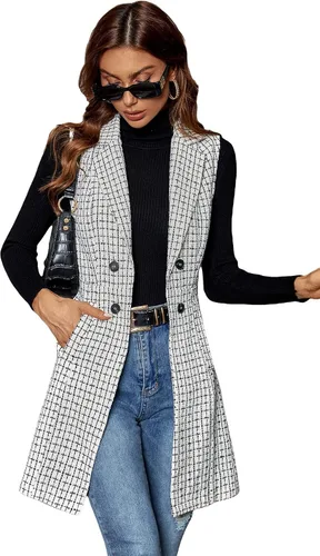Vista 4 de GORGLITTER Chaqueta larga a cuadros de doble botonadura para mujer sin mangas chaqueta larga con bolsillos