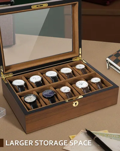 Vista 3 de Uten Caja de reloj con 10 ranuras, organizador de caja de reloj con cerradura dorada y llave, caja de almacenamiento de madera con cojines de reloj