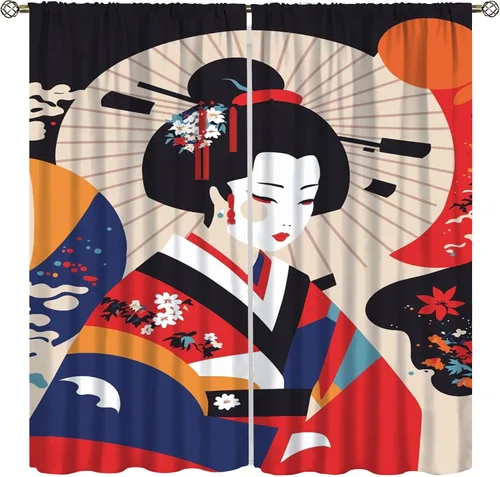 Vista 17 de Cortinas de geisha japonesas, flores rosas, ramas de árbol, sexy, glamour, para mujer, encantador, estética, oriental, con bolsillo para barra