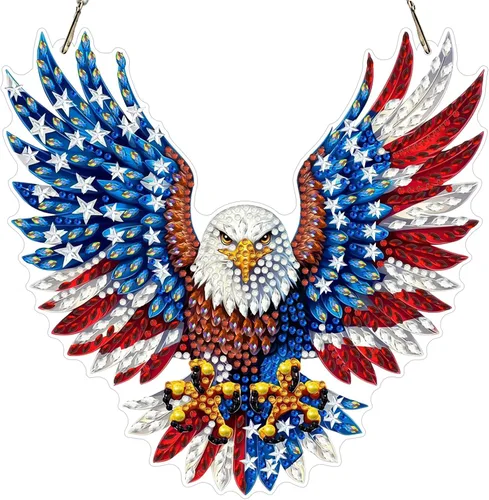 Vista 31 de MXJSUA Atrapasoles con pintura de diamante de águila calva americana, kits de arte de diamantes para adultos, adornos colgantes con cadena