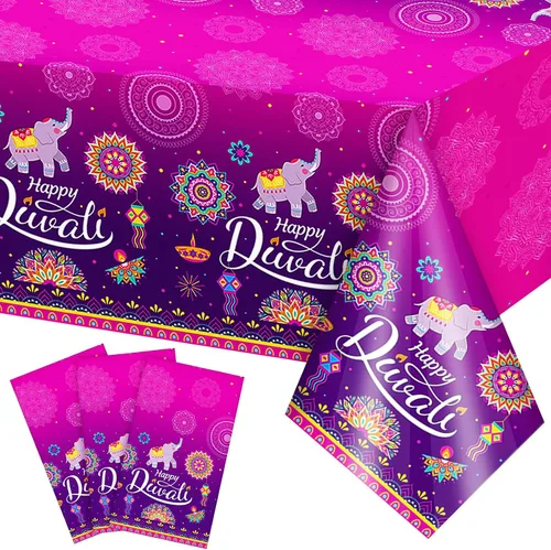Vista 9 de Peryiter Happy Diwali Mantel desechable, mantel de plástico para mesas rectangulares, mantel Diwali para decoración de fiesta, celebración de luz