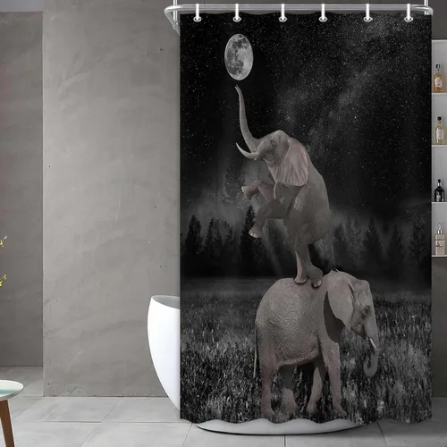 Vista 3 de Boziqr Divertidas cortinas de ducha para baño, bonita cortina de baño de elefante, luna, bosque, decoración rústica de granja, tela de poliéster