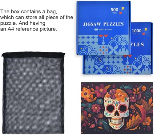 Vista 7 de Rompecabezas de calavera de azúcar mexicana, material compuesto de madera de papel Zcon bolsa de almacenamiento e imagen de referencia fácil