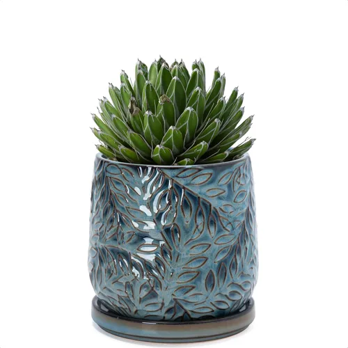 Vista 22 de D'vine Dev Maceta de gres con hojas en relieve de 4 pulgadas con orificio de drenaje y platillo, azul grafito, 27-A-Z-9 Nature-Inspired Leaf