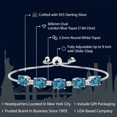 Vista 2 de Gem Stone King Pulsera de tenis de plata de ley 925 con topacio azul Londres y topacio blanco para mujer
