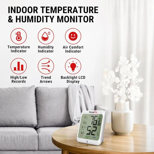 Vista 2 de ThermoPro TP53 - Higrómetro digital Termómetro interior para el hogar, sensor de temperatura y humedad con indicador de confort y registros