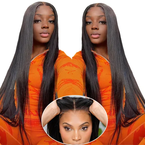 Vista 21 de Mengkai Pelucas de 28 pulgadas de encaje frontal liso de cabello humano, sin pegamento, prearrancadas con cabello de bebé, 13x4 de oreja a oreja