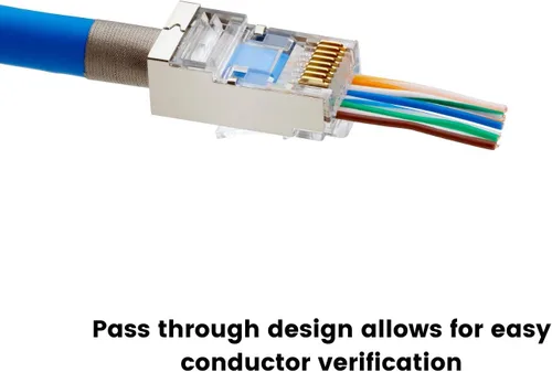 Vista 7 de TRUE CABLE Cat5e RJ45 conectores modulares de paso, conector de tierra interno blindado (STP), listado UL, EZ Crimp, chapado en oro, 3 clavijas