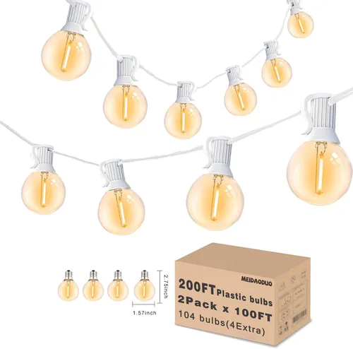 Vista 18 de 200 pies de luces de cadena LED al aire libre Edison para exteriores, impermeables, 2200K, luces de patio con 104 bombillas de plástico
