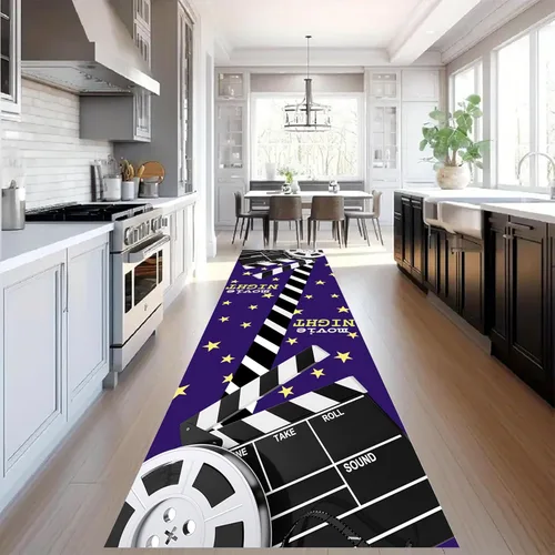 Vista 3 de Alfombra retro de cine en casa, 1.3 x 7 pies, patrón clásico de tablilla negra y carrete de película, alfombra decorativa antideslizante para sala
