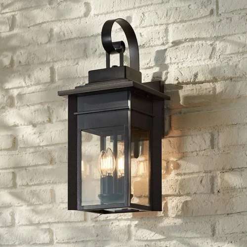 Vista 8 de Franklin Iron Works Bransford - Lámpara de pared rústica tradicional para exteriores, farol negro moteado gris, paneles de vidrio transparente de 17