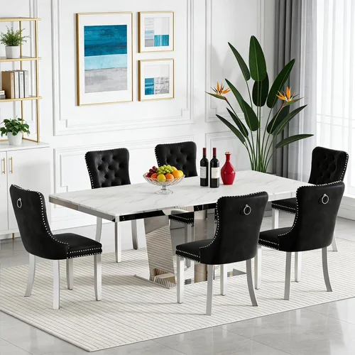 Vista 23 de Juego de mesa de comedor extensible de 63 a 79 pulgadas para 4, moderna mesa de cocina expandible con 4 sillas de terciopelo, mesa de madera gruesa