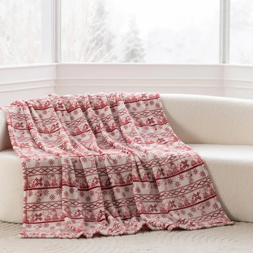 Vista 2 de Berkshire Peanuts® VelvetLoft® - Manta de felpa de Snoopy con bonito personaje, acogedora manta Fairisle Crimson Neutral, manta de 55 x 70 pulgadas