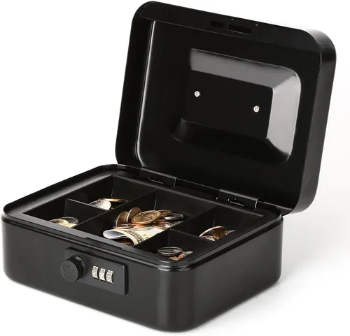 Vista 5 de Decaller Caja de dinero con cerradura de combinación, caja de seguridad de metal pequeña con bandeja de dinero, 7 4/5 x 6 4/5 x 3 3/5 pulgadas