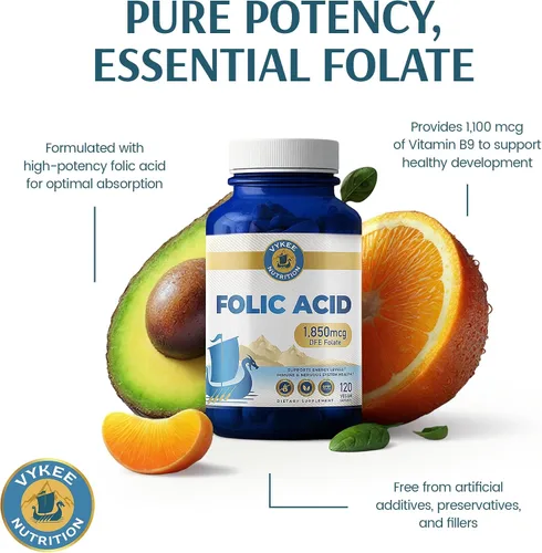 Vista 7 de Vykee Nutrition Cápsulas de ácido fólico - Apoya los procesos corporales, la salud prenatal y la energía - Suplemento de vitamina B9 para mujeres