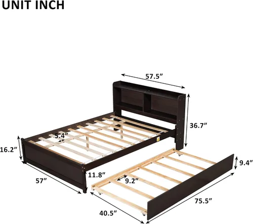 Vista 2 de Polibi Cama de plataforma de tamaño matrimonial con nido individual y estantería, cama de plataforma de almacenamiento de madera con cabecera