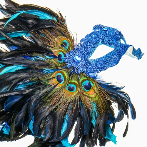 Vista 3 de Blue - Máscara de plumas de lujo para mujer, tradicional veneciana veneciana, carnaval, mascarada, Mardi Gras, baile de máscaras, media cara