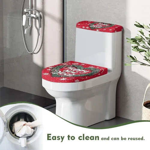 Vista 4 de Tapa de inodoro y tapa de tanque de cane Candy - Estampado de copo de nieve, elastano elástico lavable, decoración de Año Nuevo
