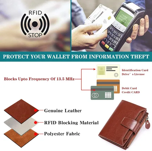 Vista 6 de FALAN MULE - Cartera de cuero auténtico para mujer pequeña plegable compacta con interferencia de radiofrecuencia RFID