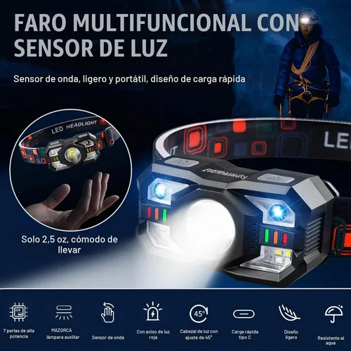 Vista 2 de Linterna frontal recargable, 1200 lúmenes súper brillante LED con sensor de movimiento, 10 modos, impermeable, ligera, linterna con luz roja