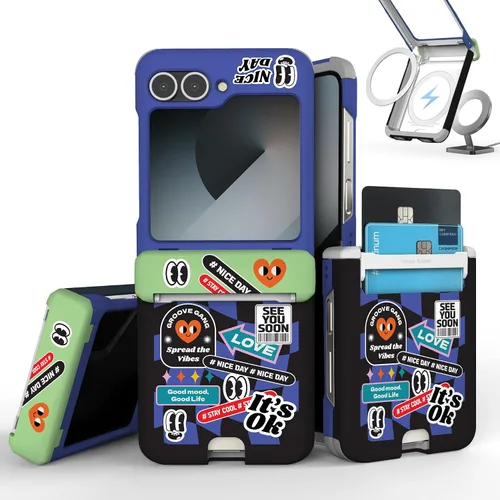 Vista 8 de para Galaxy Z Flip 5 Funda con 2 ranuras para tarjetas, funda rígida delgada y resistente con protección de bisagra, funda completa con protección