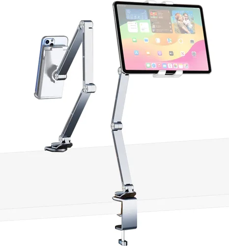 Vista 9 de Soporte para iPad para escritorio de aleación de aluminio, soporte plegable para tableta, soporte para brazo superior, compatible con teléfono