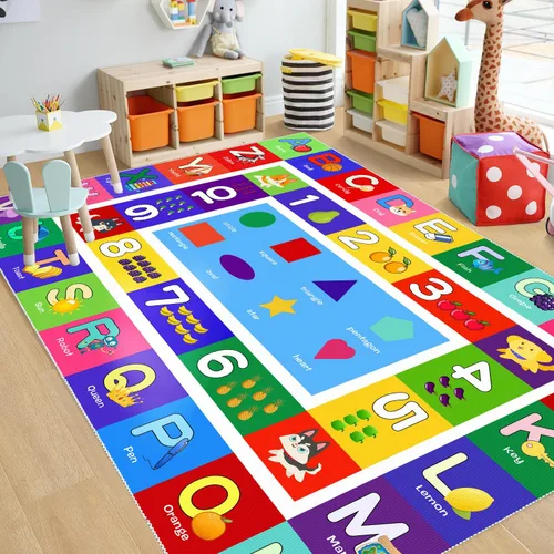 Vista 7 de ABC - Alfombra de juego para niños, con forma del alfabeto, con números del alfabeto, alfombra de área educativa de aprendizaje de frutas, grande