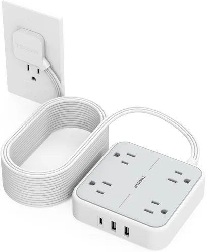 Vista 25 de TESSAN Cable de extensión plano protector de sobretensiones de 1 pie, regleta de enchufe con anillo con 4 tomas, 3 puertos USB (1 USB C), protección