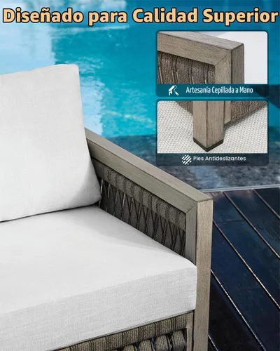 Vista 6 de Sofá de 3 asientos para exteriores, sofás de aluminio para patio con cojines gruesos, nunca se oxidan con tejido de cuerda de 3 plazas, sofá