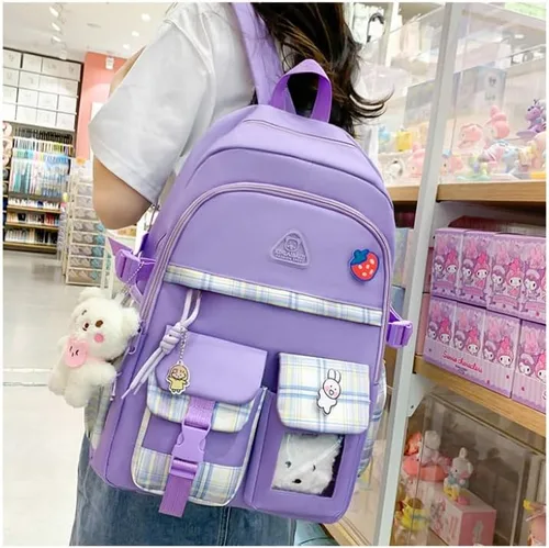 Vista 3 de Juego de 5 mochilas Kawaii con colgantes y alfileres Kawaii, accesorios estéticos, bolsas de libros con colgante, Púrpura, Moderno
