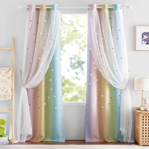 Vista 35 de NICETOWN Cortinas para dormitorio de niñas, cortinas de arco iris, cortinas de estrellas, cortinas de princesa, decoración de habitación