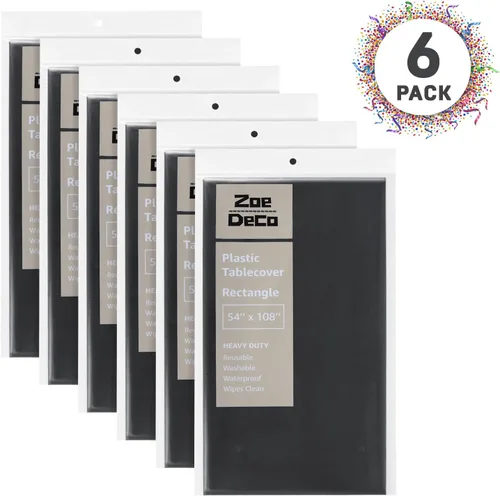 Vista 5 de Zoe Deco Mantel rectangular de plástico negro (paquete de 6, 54x108), manteles desechables para fiestas y pícnics