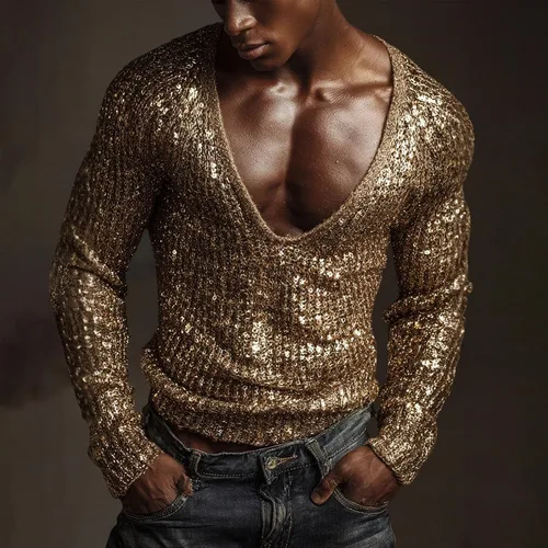 Vista 2 de Sequin Shirt for Men, Long Sleeve Deep V Neck, Shiny Sheer Top for Nightclub and Party