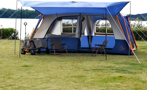 Vista 17 de KTT Extra Large Tent 12-14 Person,Family Cabin Tents,2 Rooms,Straight Wall,2 Doors 4 Windows with Mesh,Waterproof,Double Layer,Big Tent for Azul