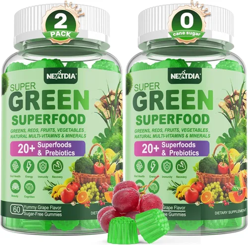 Vista 10 de Gomas Super Greens, alternativa en polvo de superalimento de verduras con espirulina, clorela, fibra prebiótica, probiótico, vegetales y frutas