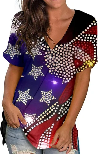 Vista 2 de Tuianres Patriotic Shirts for Women Independence Day T-Shirts Tops Short Sleeve V Neck Loose 4th of July Patriotic Tees