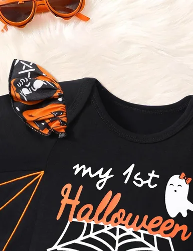 Vista 7 de MIGU My First Halloween Baby Girl Outfit Halloween Costumes Bat Ruffle Romper Tops + Pants 3pcs Halloween Infant Baby Clothes