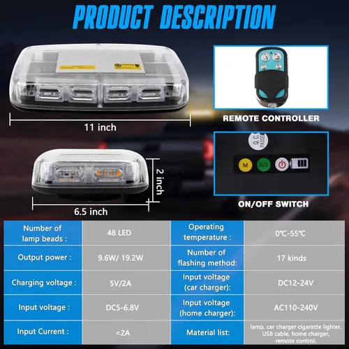 Vista 2 de Luz estroboscópica magnética de 48 LED, control remoto inalámbrico recargable, 17 modos de luz de baliza de techo, luces de seguridad