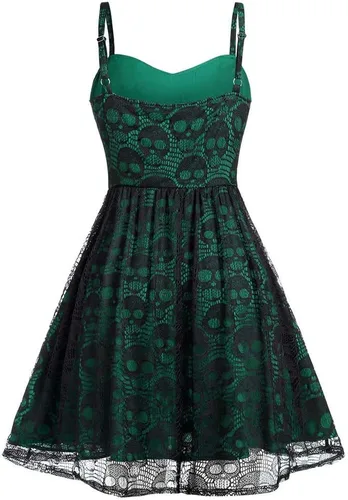 Vista 2 de Vestidos punk sin mangas para mujer, camisola, estampado de calavera, vestido de encaje con vuelo, vestido de Halloween, tirantes delgados, vestido