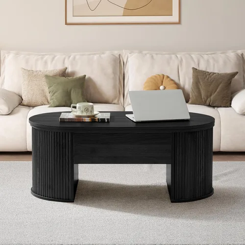 Vista 3 de QHITTY Mesa de centro con parte superior elevable, mesa auxiliar de madera ovalada acanalada con compartimento oculto, mesas centrales de mediados