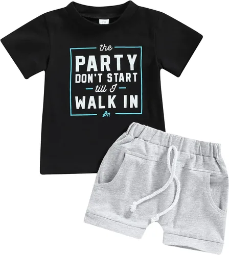 Vista 87 de Conjunto de traje de verano para bebé niño pequeño, manga corta, cuello redondo, letras impresas, lindo traje de verano, conjunto de 2 piezas