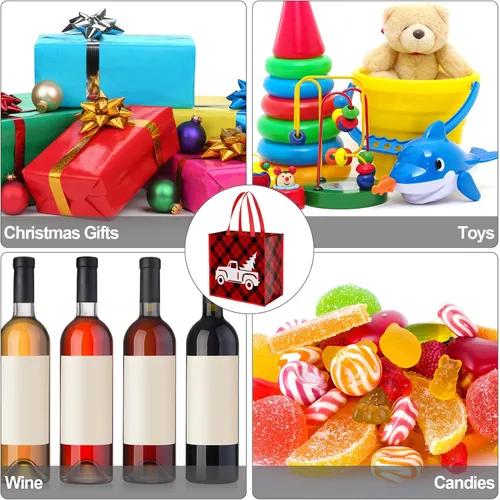 Vista 6 de Aneco 12 bolsas grandes reutilizables de Navidad rojas y negras no tejidas con asas, bolsas de regalo para suministros de fiesta, 14 x 13.8 x 7.5